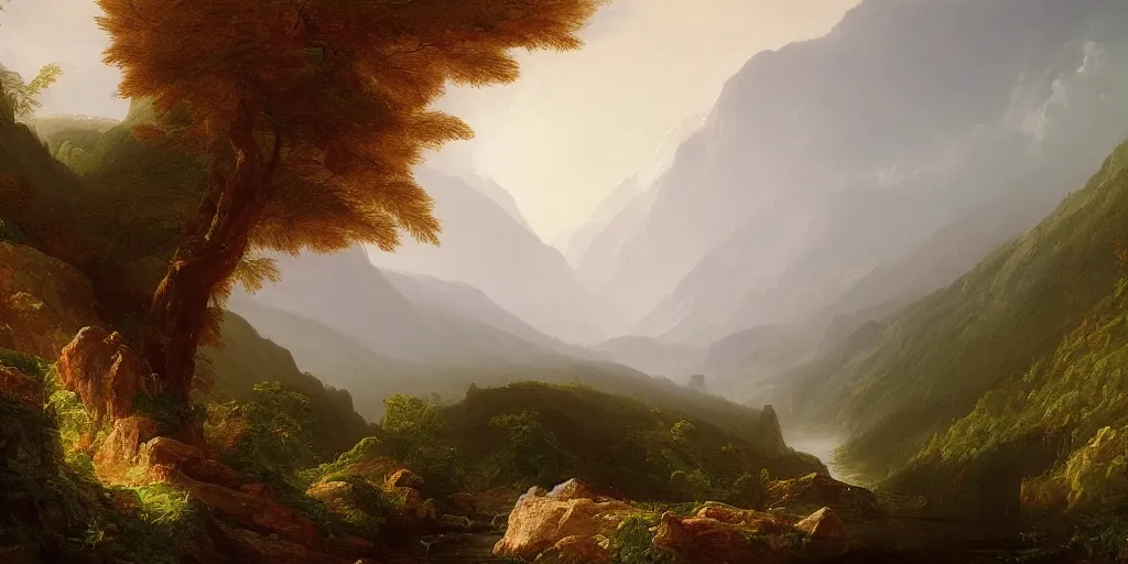Prompt: a stunning painting of a mountain vista with a river flowing to a lake and forest, foggy atmosphere, by thomas cole, oil on canvas, highly detailed, 4 k, hd