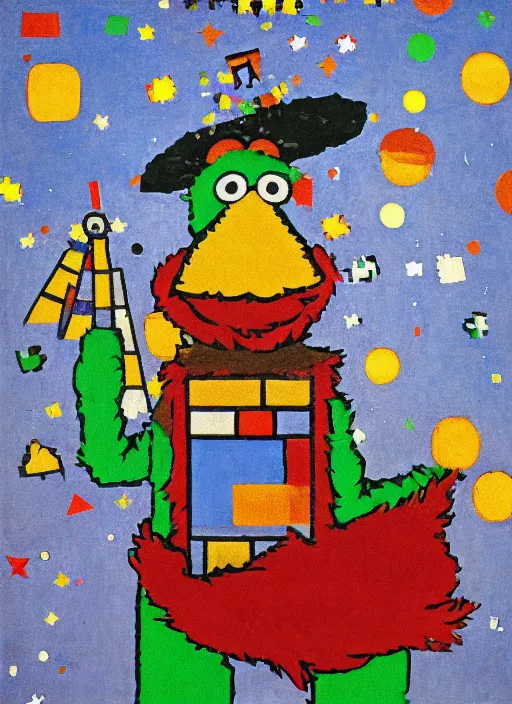 Image similar to realistic detailed pixel art decollage, trash can toter as tarot card fool with sesame street elmo and kermit muppet knight on a horse in a dark red cloudy night sky background and golden foil jewish stars painted by piet mondrian, francis bacon, hilma af klint and leonora carrington, highly detailed, oil glaze, sfumato, 8k cinematic, very coherent symmetrical artwork, cinematic, hyper realism, high detail, 8k, masterpiece