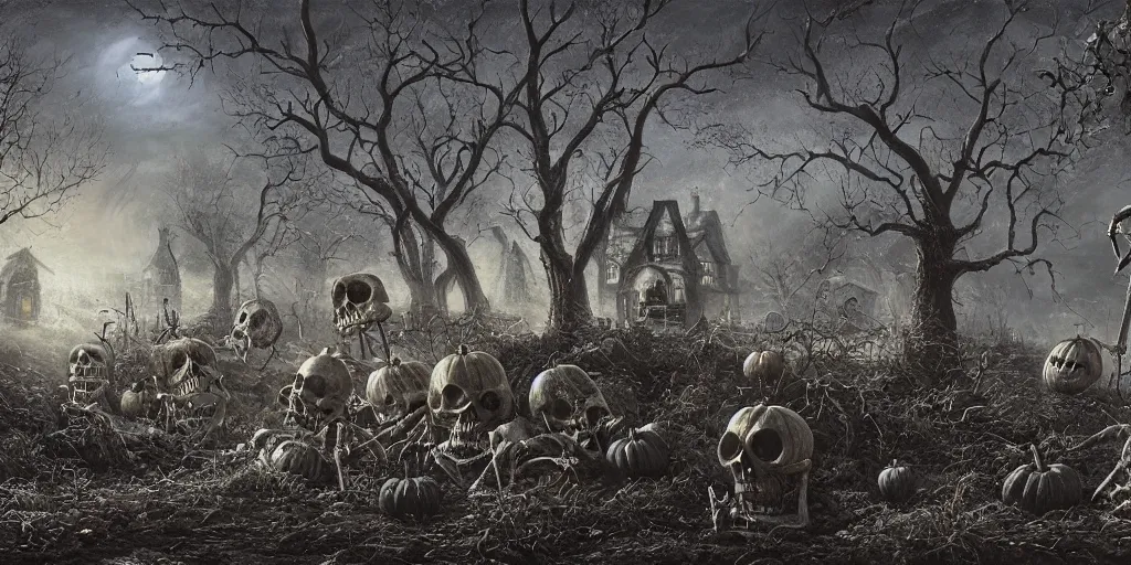 Prompt: a halloween landscape with few skeletons two ghosts and one witch around in november, by Ernest deutsch + Ted Nasmith, cinematic lighting, masterpiece, highly detailed, 8k resolution, trending on art station
