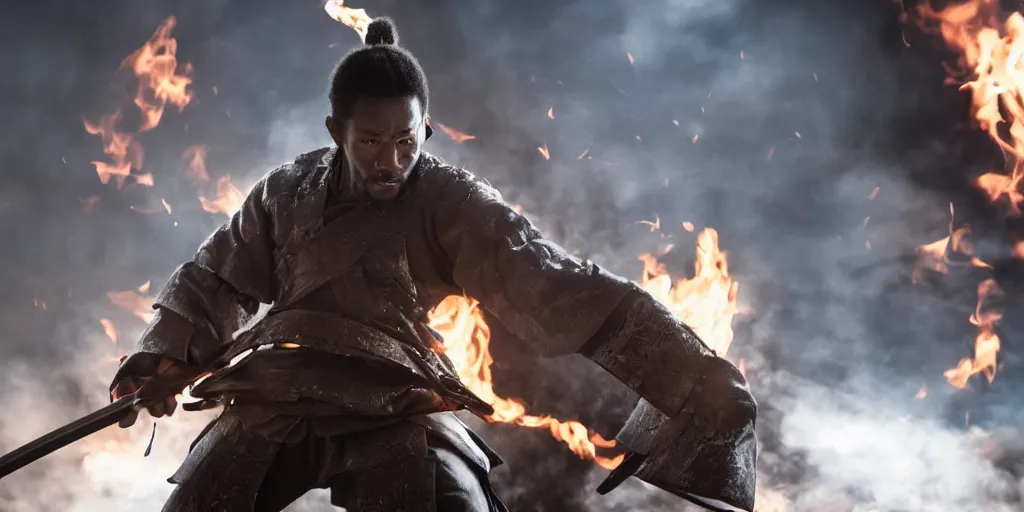 Prompt: a film still of a black man starring in a japanese blockbuster film as ancient evil samurai with fire powers, shallow depth of field, cinematic, award winning cgi, vfx, film still