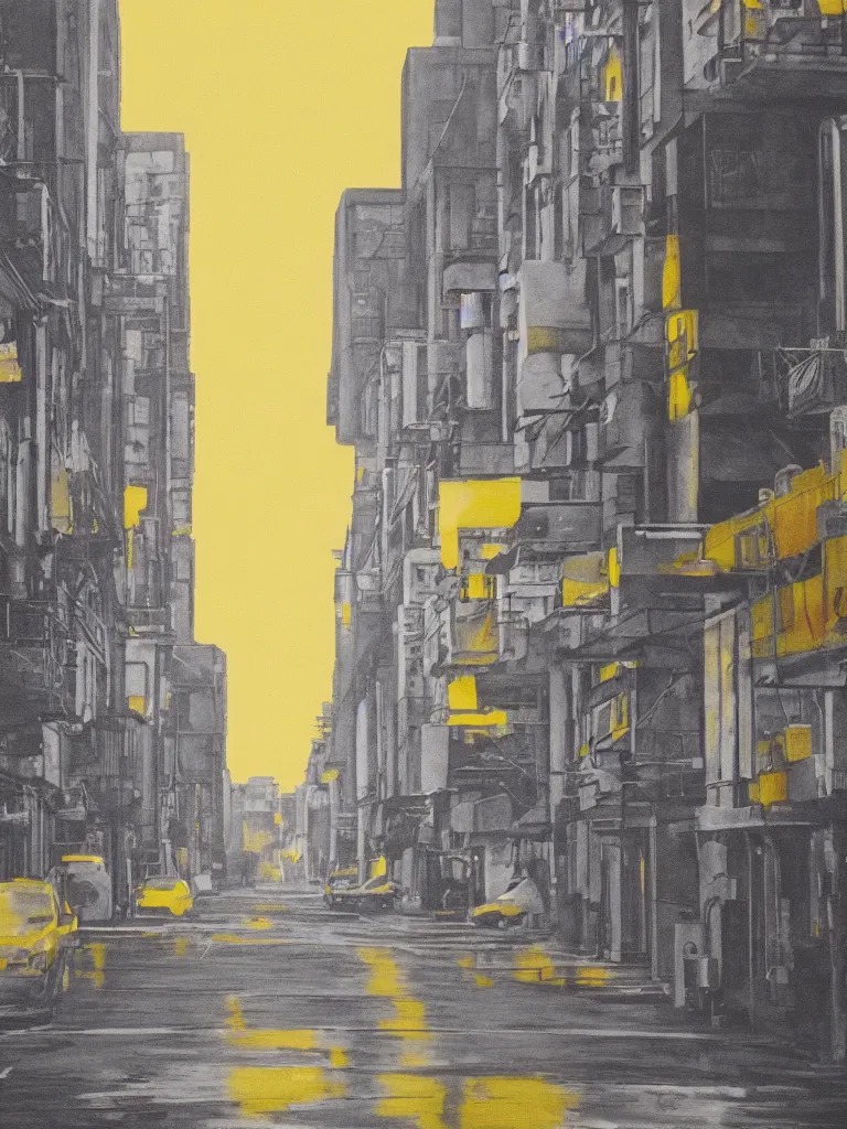Prompt: gray street of the 8 0 s city, yellow sky as background, hyper realistic