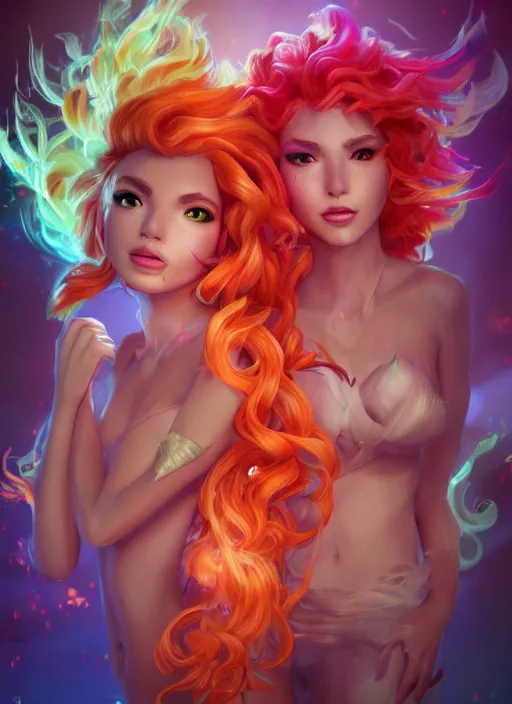 Image similar to glowwave portrait of curly orange hair girls made of feathers mist and cloud from league of legends, au naturel, hyper detailed, digital art, trending in artstation, cinematic lighting, studio quality, smooth render, unreal engine 5 rendered, 3 d octane rendered, art style by pixar dreamworks warner bros disney riot games and league of legends.