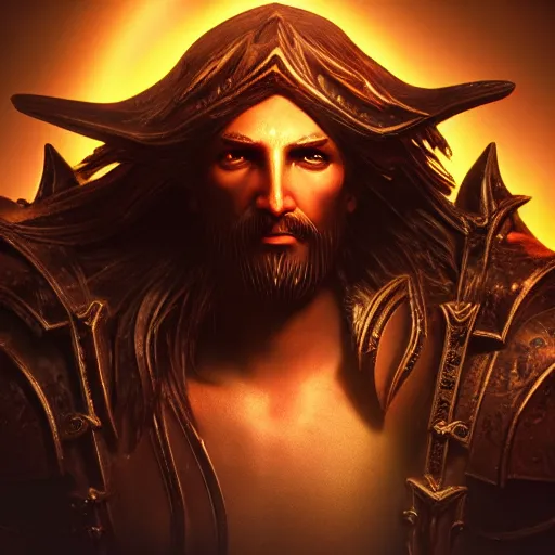 Image similar to a videogame still of Jesus in Diablo III, portrait, 40mm lens, shallow depth of field, close up, split lighting, cinematic