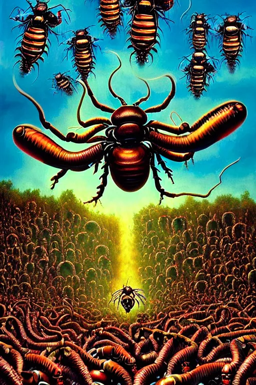 Prompt: a hyperrealistic painting of an epic boss fight against a swarm of alien hornets on a sunny day at the park, cinematic horror by chris cunningham, lisa frank, richard corben, highly detailed, vivid color,