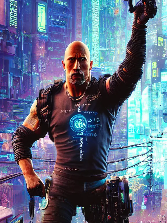 Prompt: a cyberpunk 2077 portrait of Dwayne Johnson kiss a female android complex mess of cables and wires behind them connected to giant computer, love,film lighting, by laurie greasley,Lawrence Alma-Tadema,William Morris,Dan Mumford, trending on atrstation, full of color, highly detailed,8K, octane, Digital painting,golden ratio,cinematic lighting