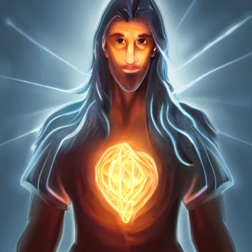 Image similar to a male wizard, glowing, frontal view, cool looking, photoshop