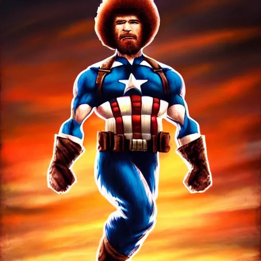 Prompt: Bob Ross as captain america, digital art, concept art, sunset sky in the background, symmetrical, highly detailed, high quality, concept art, Deviant Art, anime style