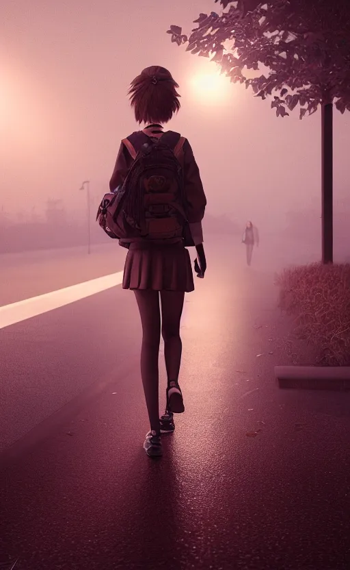 Image similar to school girl walking at night, gloomy and foggy atmosphere, octane render, cgsociety, artstation trending, horror scene, highly detailded