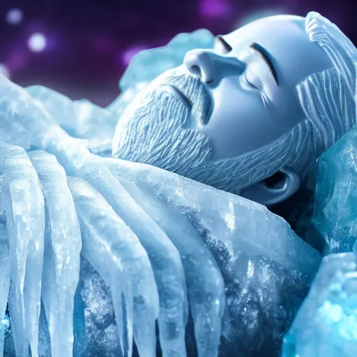 Image similar to an ice statue of a dwarf peacefully sleeping in his bead, stunning digital art high detail 4k octane
