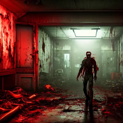 Image similar to fallout 5, butcher angry bloody horror zombie, portrait, indoors dilapidated supermarket interior, atmospheric lighting, intricate, volumetric lighting, grimdark, daytime, sharp focus, deep colours, ultra intricate detailed, octane render, unreal engine, by leesha hannigan, ross tran, thierry doizon, kai carpenter, ignacio fernandez rios