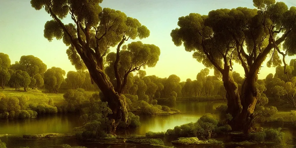 Prompt: landscape painting of a old blue gum tree next to a meandering river by alexei savrasov and thomas cole, mid day sun, artstation