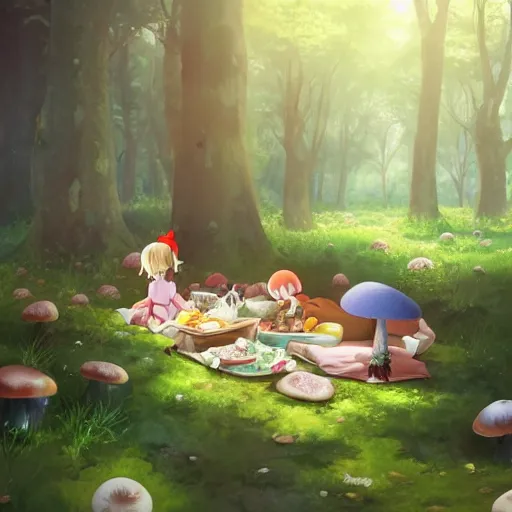 Prompt: a cute picnic in a mushroom forest. soft lighting, cgsociety masterpiece, artstation trending, studio ghibli, 4k, digital art, concept art