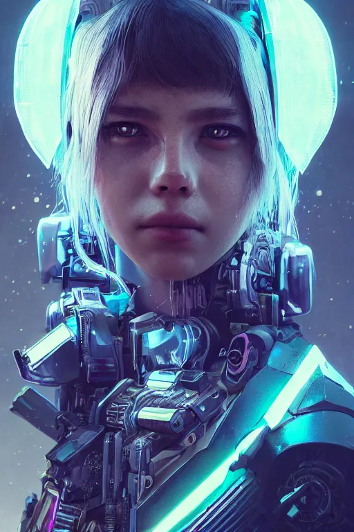 Image similar to beautiful close - up portrait of a cyborg mercenary girl, art by wlop and liam wong, cyberpunk, neon, combat armor, head and shoulders, long hair, intricate details, trending on artstation, sharp focus, caustics, octane render, radiant light, 4 k