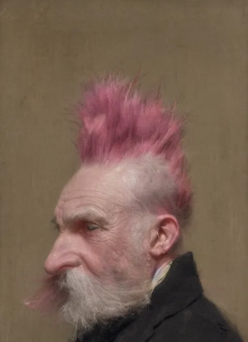 Image similar to a portrait of old man with a detailed pink mohawk by edouard bisson, punk rock, oil painting, muted colours, soft lighting