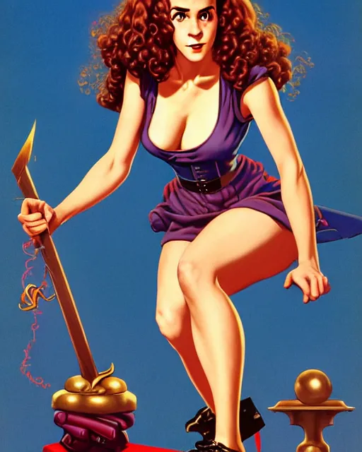 Prompt: pinup photo of of hermione granger by emma watson in the crowded square of hogwarts, by jean giraud, kezie demessance, gil elvgren, james jean, enoch bolles, glossy skin, pearlescent, anime, very coherent, flat, long shot