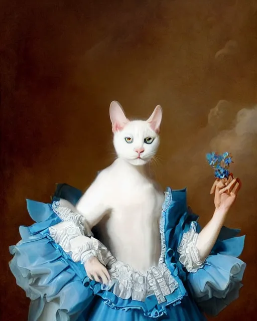 Image similar to cute white cat with blue eyes wearing frilly dress, baroque rococo fashion, royal portrait, elegant, regal, joseph ducreux, greg rutkowski