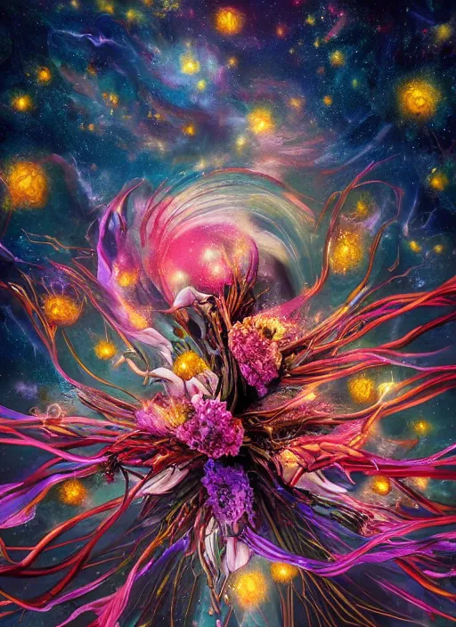 Image similar to An epic fantastic realism comic book style painting of the most beautiful entwined flowers launched across the dark and starry night sky, nebulous bouquets, fisheye lens, unreal 5, DAZ, hyperrealistic, octane render, dynamic lighting