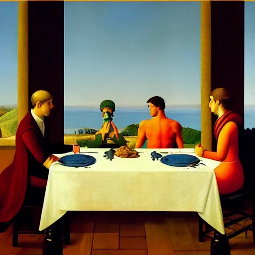 Prompt: a dinner fit for a king by Raphael, Hopper, and Rene Magritte. detailed, romantic, enchanting, trending on artstation.