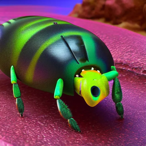 Prompt: a macroshot of a insect that resembles a colorful strongylodon macrobotrys, unreal engine 5