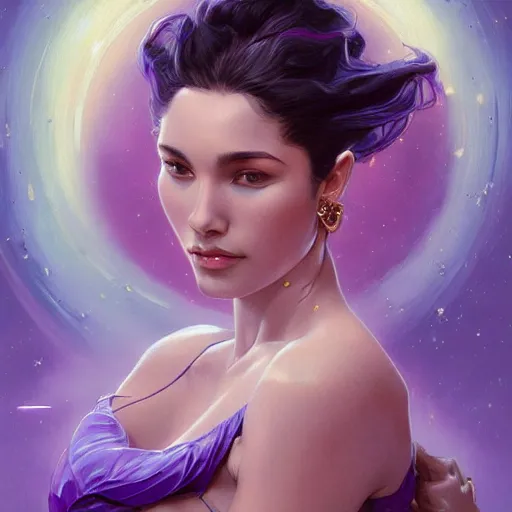 Image similar to Portrait of very very very very very very beautiful Latina woman, spacesuit, purple eyes, intricate, elegant, highly detailed, digital painting, artstation, concept art, smooth, sharp focus, illustration, art by artgerm and greg rutkowski and alphonse mucha