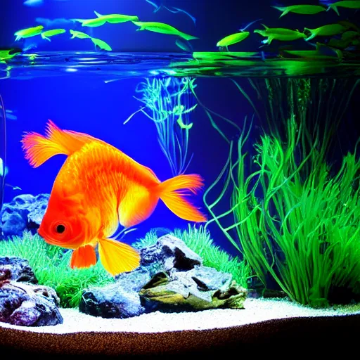 Prompt: luminescent glowing goldfish swimming in an aquarium, photography