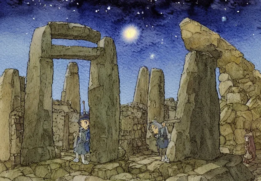 Image similar to a simple watercolor studio ghibli movie still fantasy concept art of a giant wizard standing in a tiny stonehenge in machu pichu. it is a misty starry night. by rebecca guay, michael kaluta, charles vess