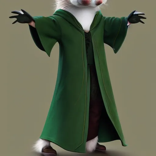 Image similar to a anthropomorphic ferret is dressed as a hogwarts student in slytherin robes, hyperdetailed, artstation, cgsociety, 8 k