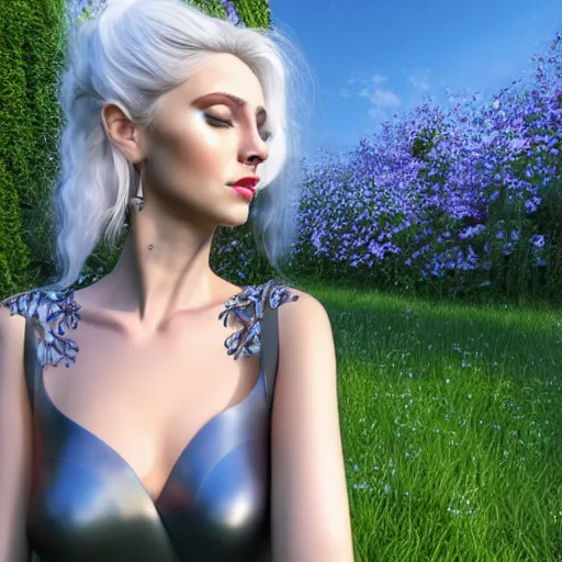 Image similar to “hyperrealistic ultra detailed unreal engine 5 RTX raytracing nvidia hairworks render of portrait of the most beautiful girl with blue eyes and white hair. She is in heavens garden. She has amazing silver jevelery. Nose piercing. Black shiny Latex designer dress . Ultra realistic face Rainbow. Grymes inspires. Wonderful landscape on the background. Photo. Photorealistic ”