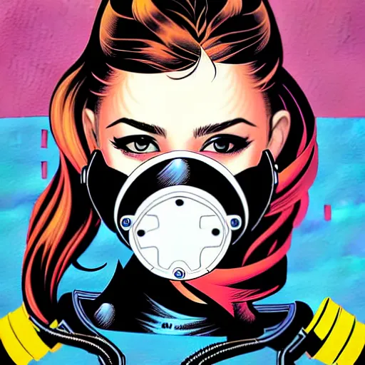 Image similar to portrait of a female diver with mask by MARVEL comics and Sandra Chevrier