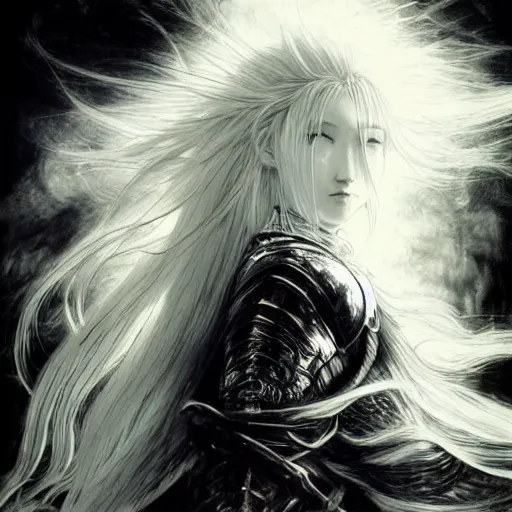 Image similar to Yoshitaka Amano realistic illustration of an anime girl with wavy white hair and cracks on her face wearing dark souls armour with the cape fluttering in the wind, abstract black and white patterns on the background, noisy film grain effect, highly detailed, Renaissance oil painting, weird portrait angle
