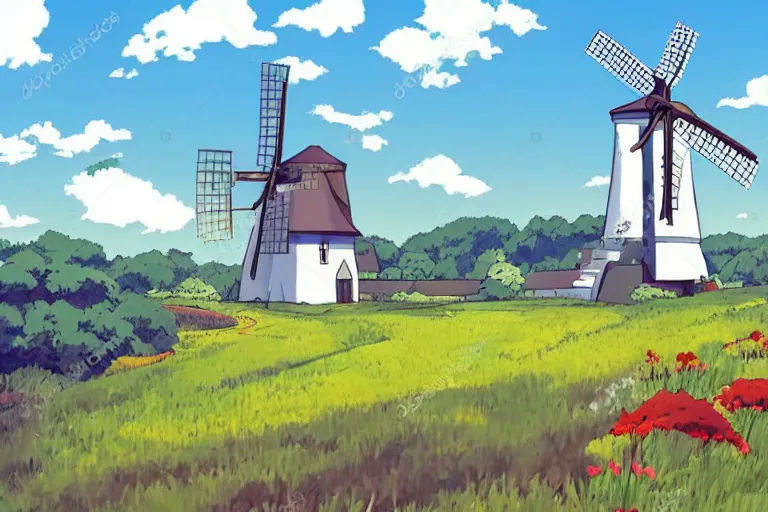 Prompt: beautiful countryside background with a windmill by studio ghibli, cute, winter