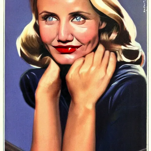 Prompt: Cameron Diaz portrait, color vintage magazine illustration 1950