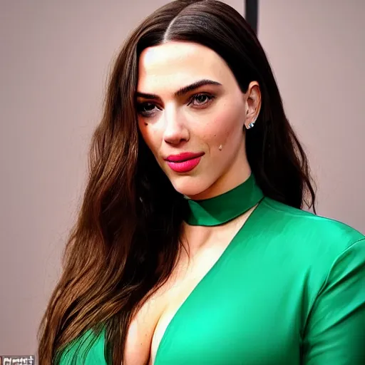 Image similar to a woman who is a genetic combination of kim kardashian and kat dennings and scarlett johansson and margot robbie and emma watson face and upper - body focus