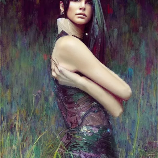 Prompt: fashion model kendall jenner by David Agenjo by Richard Schmid by Jeremy Lipking by moebius by atey ghailan