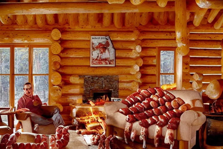 Prompt: log cabin made from sausage, hot dogs, and rib meat, photograph from travel magazine, sharp