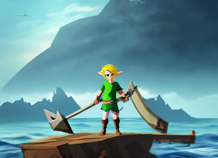 Image similar to link from wind waker!! stands posed on an island ready for battle, a large detailed pirate ship!! is in the water in the distance, dramatic lighting, diffused light, haze, lens flare, extremely detailed wind waker concept art, 8 k, trending on artstation