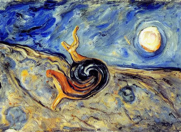 Image similar to a snail on the beach under the moon, by chaim soutine