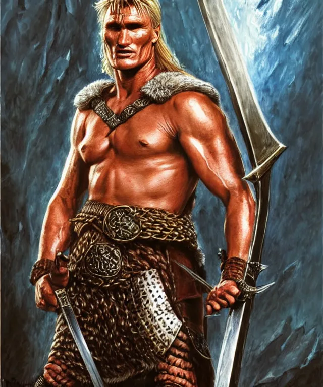 Prompt: a ( fantasy comic ) ( cover art ) portrait of ( dolph lundgren ) as a ( viking warlord ) pointing his sword at the viewer, oil painting by charles moll and don maitz and serhiy krykun and artgerm, photorealistic, d & d, highly detailed!, hd, 4 k, trending on artstation