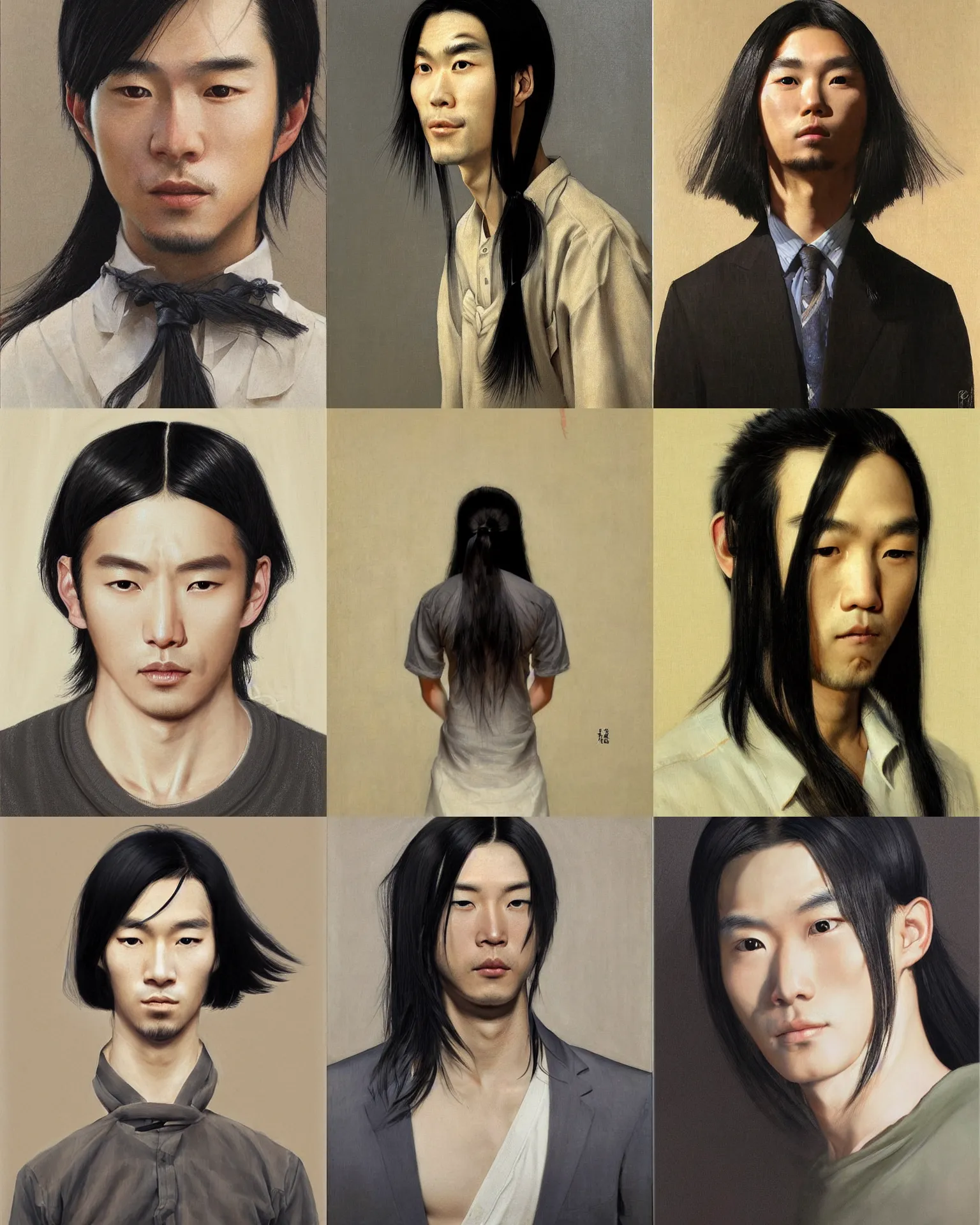 Prompt: modern japanese person in his 20's, long black hair, hair ties, barrettes ponytails, handsome, symmetrical face, cute expression, korean, detailed photorealistic artwork, by Ruan Jia and Gil Elvgren, portrait
