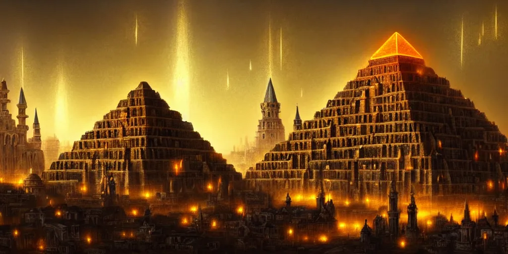 Image similar to magical city of the Great Tartarian Empire adorned with amazing lost technology, lighting resembling fireflies, spires from rooftops collecting and distributing etheric energy, the centerpiece of the city is a colossal ancient pyramid made of metal, cityscape, combining intense detail & utmost quality, Christian Hecker, Artstation, - H 832