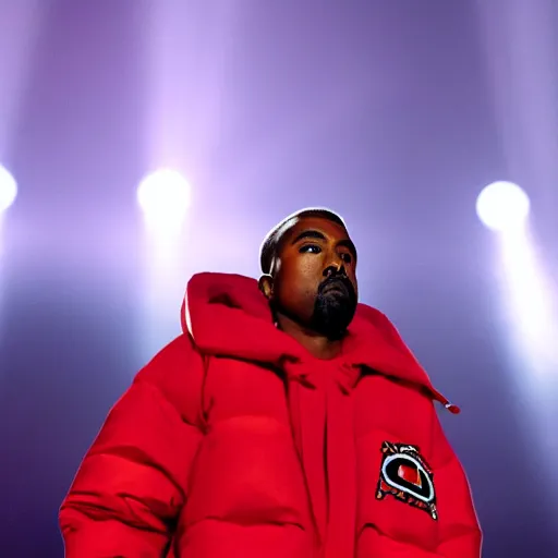 Image similar to kanye west wearing a red puffer jacket and red pants, standing in a stadium, white light shining on him