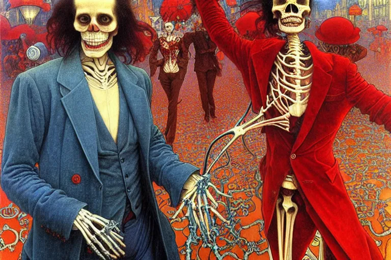 Image similar to realistic detailed closeup portrait painting of a single skeleton smoking wearing red velvet blazer in a crowded futuristic moscow street by Jean Delville, Amano, Yves Tanguy, Alphonse Mucha, Ernst Haeckel, Edward Robert Hughes, Roger Dean, rich moody colours, blue eyes