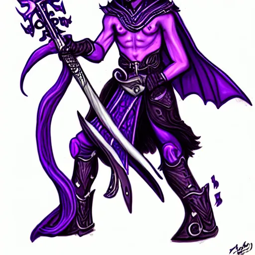 Image similar to a purple tiefling bard with long white horns wearing light armor and carrying a guitar as drawn by the sketch goblin and thesketchgoblin