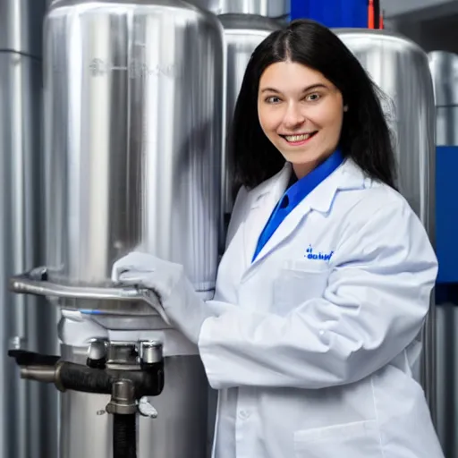 Image similar to woman in a lab coat leaning against a large compressed air tank. she's smirking while holding on to the tank's valve.