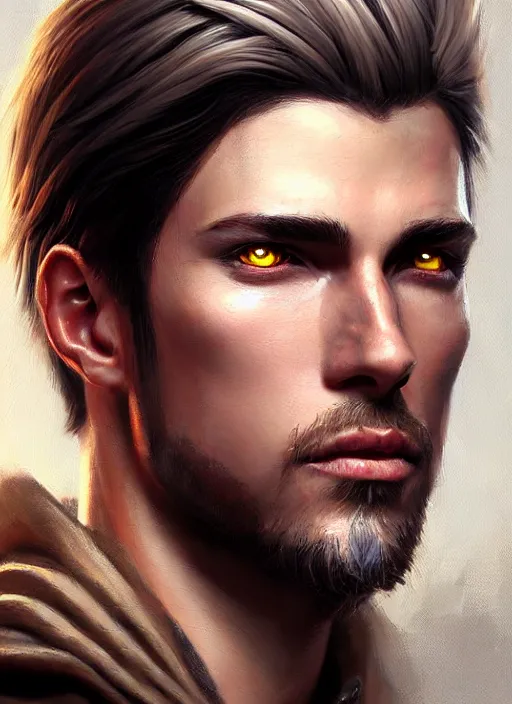 Image similar to a _ fantasy _ style _ portrait _ painting _ of wizard male, medium dark blonde pulled back and blonde stubble, brown eyes, rpg dnd oil _ painting _ unreal _ 5 _ daz. _ rpg _ portrait _ extremely _ detailed _ artgerm _ greg _ rutkowski _ greg