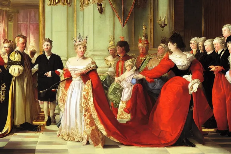 Image similar to the queen of england surrrounded by her court, painting by le nain