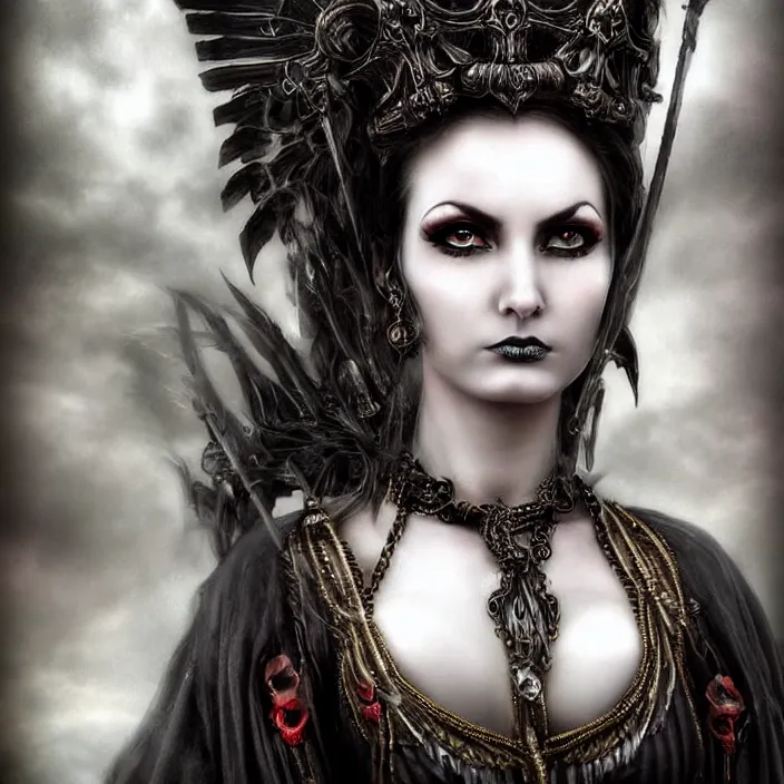 Image similar to perfectly centered close up portrait, candid photography, goddess of death, by anne stokes, updo, highly detailed