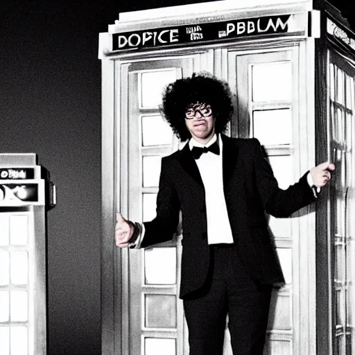 Image similar to Richard Ayoade dressed as Doctor Who, standing next to the TARDIS