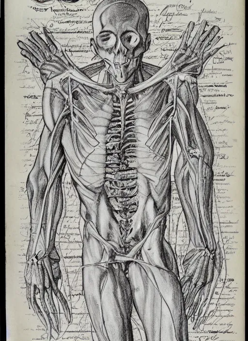 Image similar to a full page scan of detailed vintage illustrated anatomical drawing of how to raise the dead, handwritten, satanic, evil, grimoire page, necronomicon style