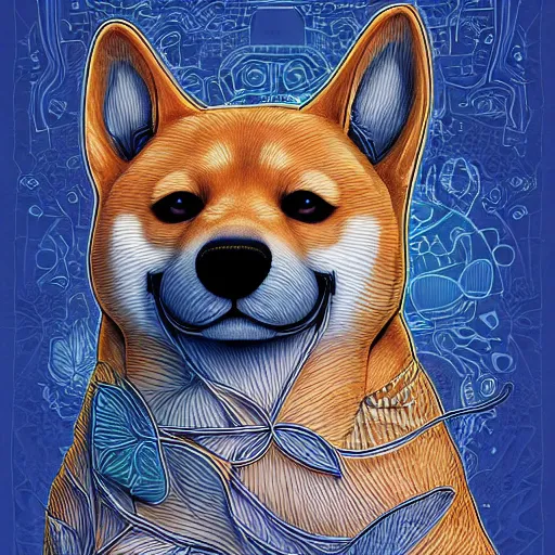 Image similar to the head of an incredibly elegant and beautiful shiba partially made of potatoes and violets, an ultrafine detailed illustration by james jean, final fantasy, intricate linework, bright colors, behance contest winner, vanitas, angular, altermodern, unreal engine 5 highly rendered, global illumination, radiant light, detailed and intricate environment